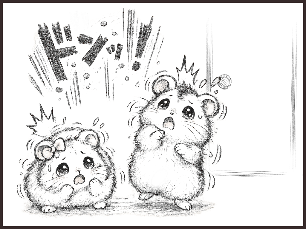 上階からの呼応音にびっくりするハム夫婦のイメージイラスト