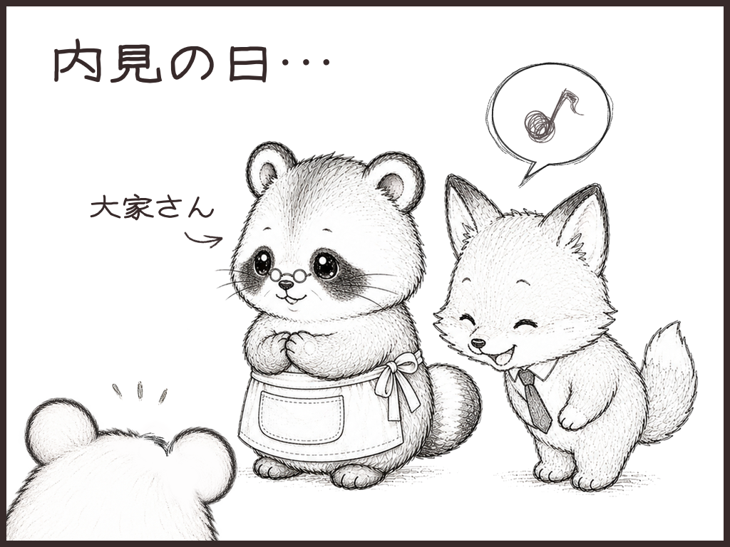 待ち構えていた大家さんと挨拶するハム夫婦のイメージイラスト
