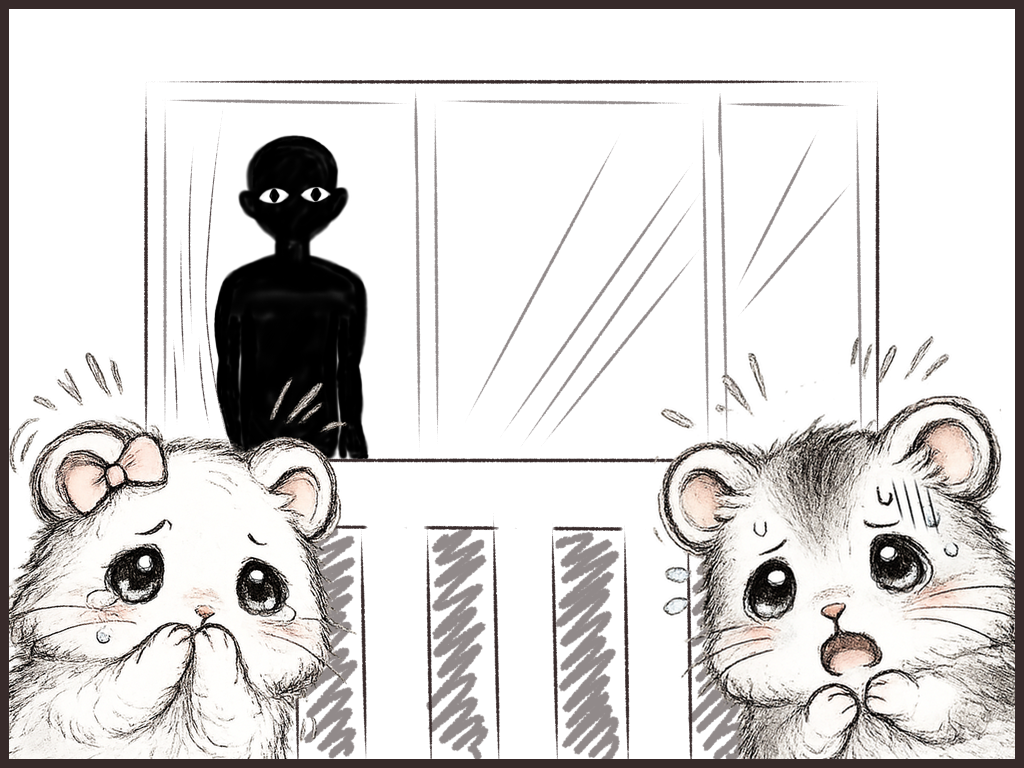 2-1号室のベランダから窓を開けてこちらを見ている上階住人とそれに驚くハム達のイメージイラスト