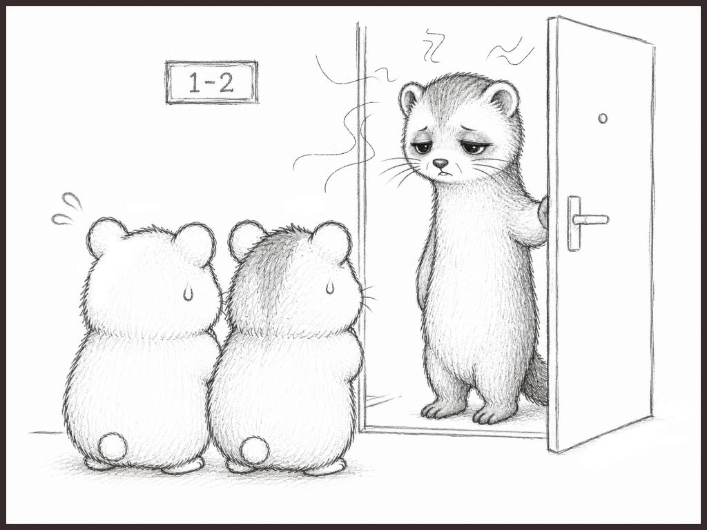 隣の1-2号室へ深夜訪問するイメージイラスト