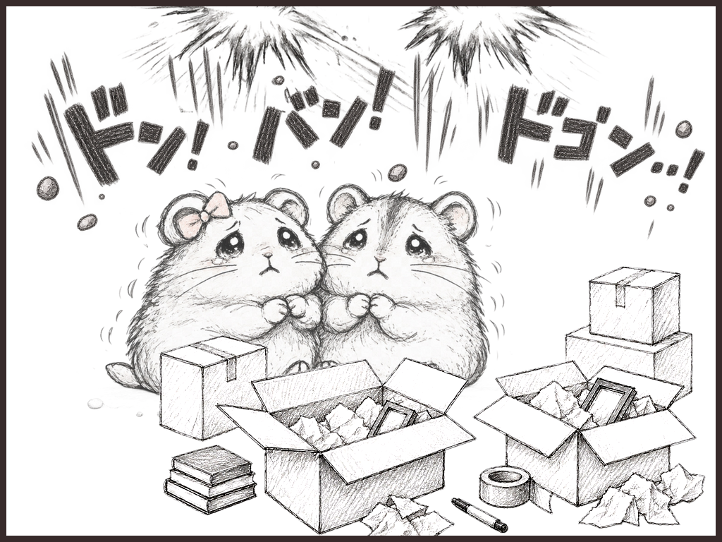 上階騒音に怯えながら荷解き作業を進めるハム夫婦のイメージイラスト