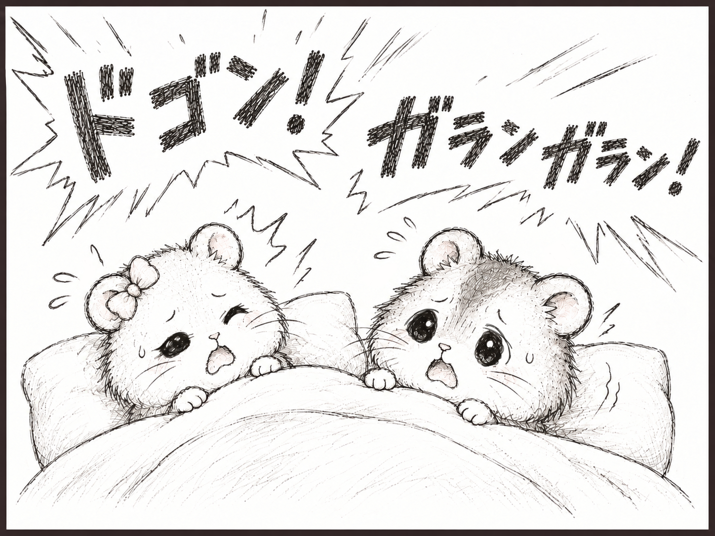 深夜の大騒音に飛び起きるハム夫婦のイメージイラスト